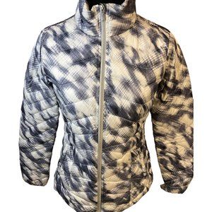 Athleta Navy Denim and Ivory Abstract Light‎ Puffer Jacket Size XS Goose Down